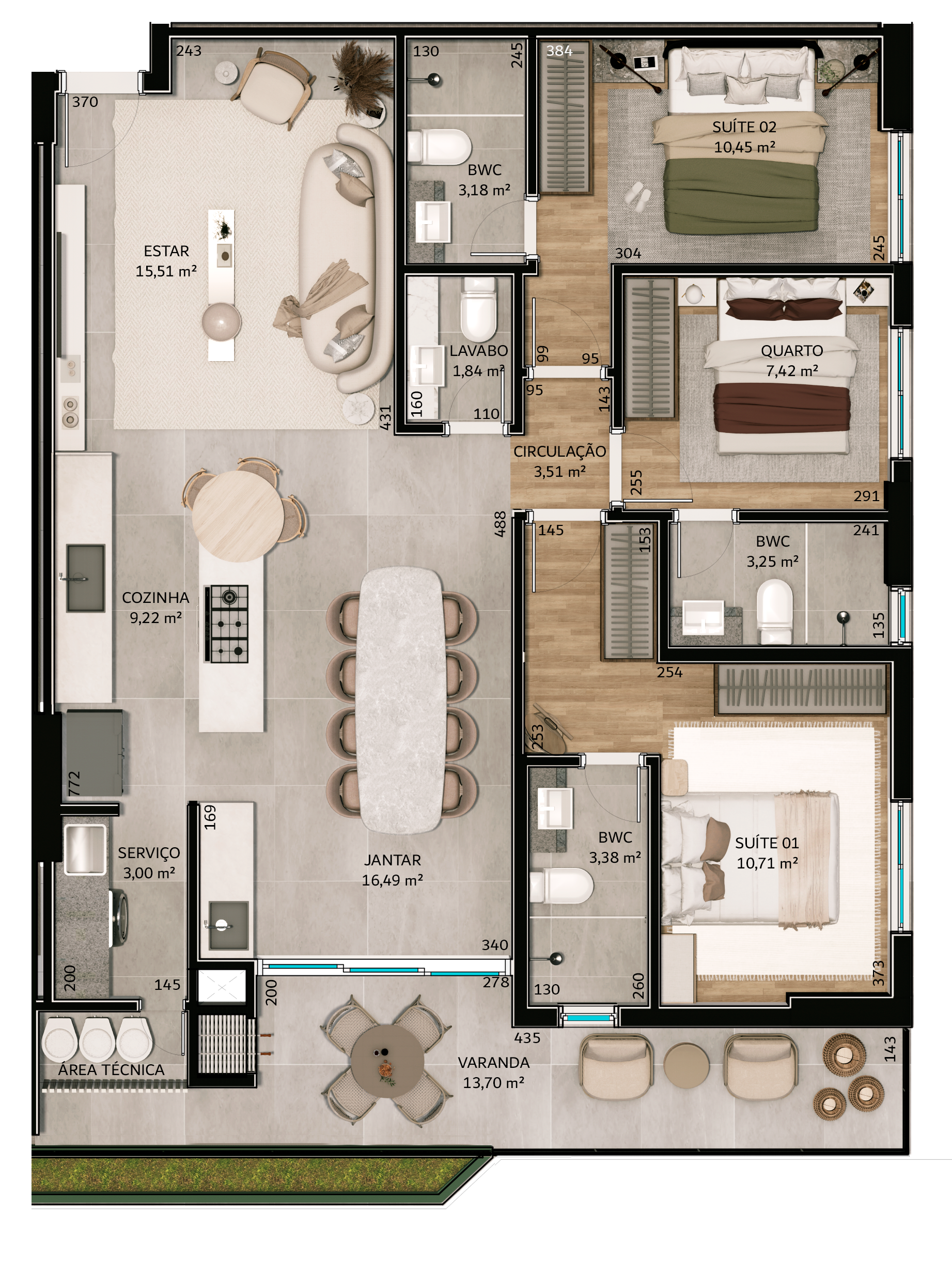 Layout do Apto 02 do Harmony of the Seas, 116 m² com 3 suítes