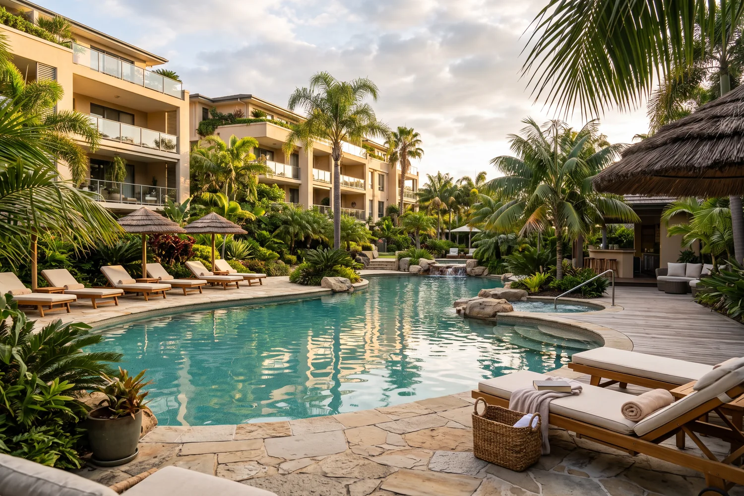 Area de lazer com piscina em condominio residencial, imagem ilustrativa