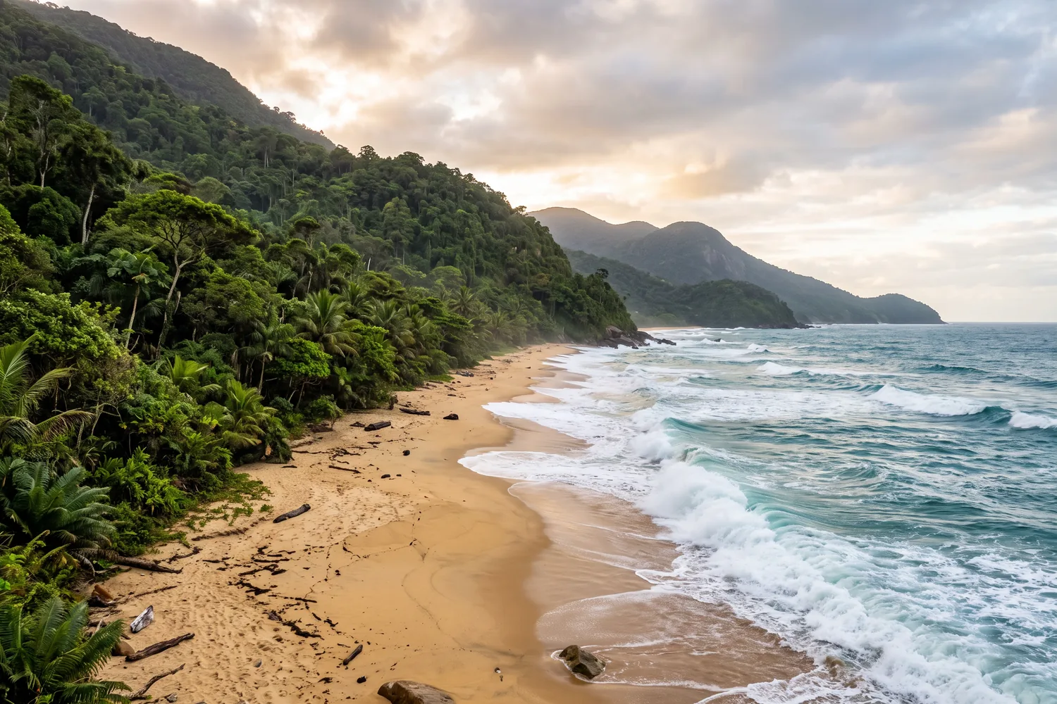 Praia selvagem com Mata Atlântica e ondas quebrando na areia, imagem ilustrativa