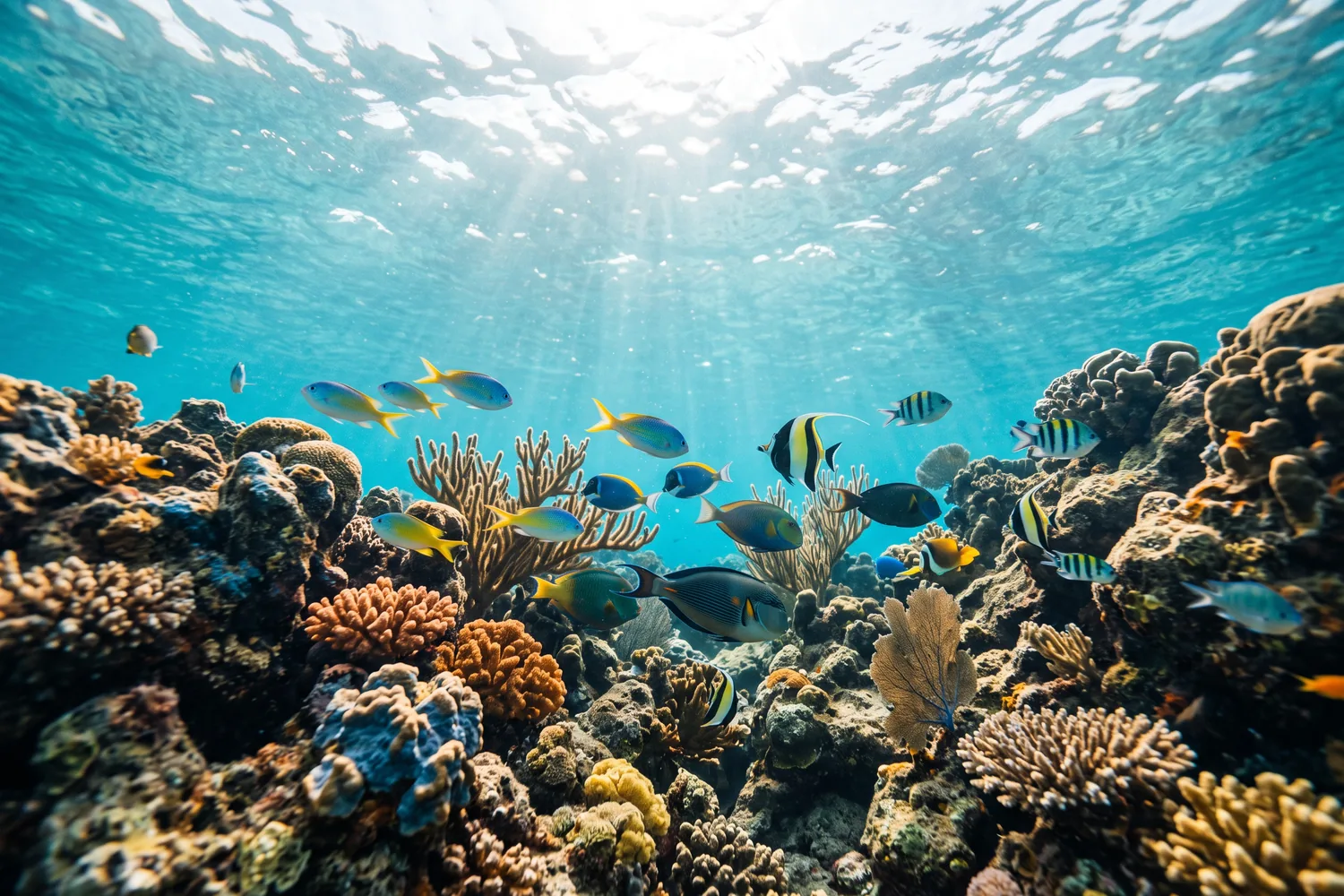 Peixes coloridos em recife subaquático, imagem ilustrativa