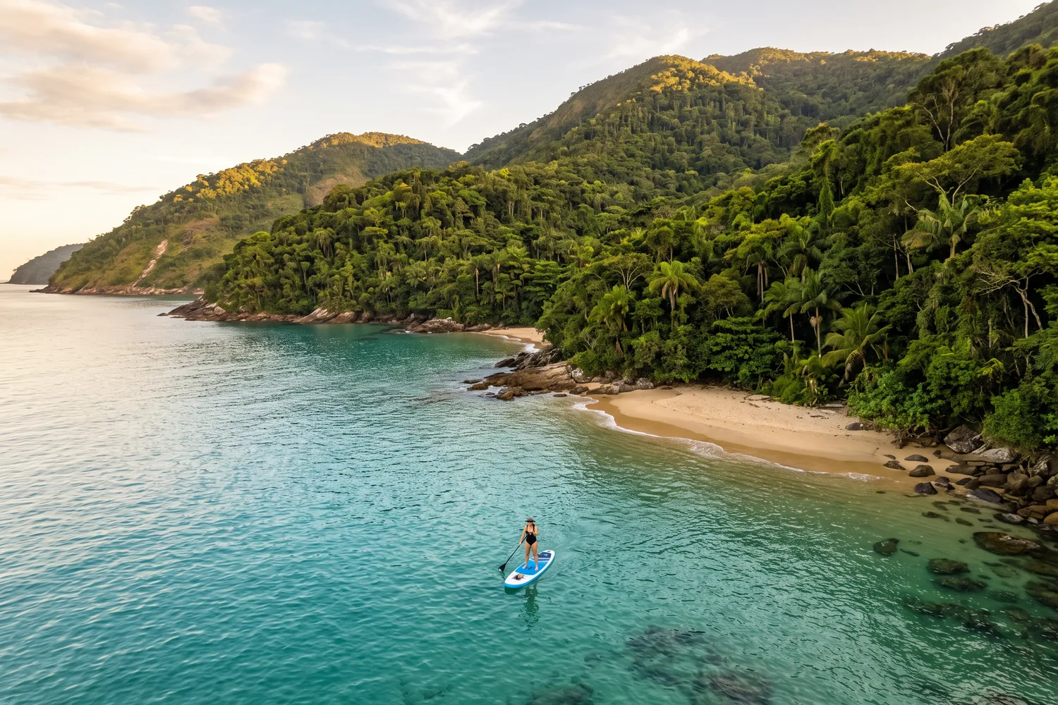 Pessoa em stand up paddle em enseada calma, imagem ilustrativa