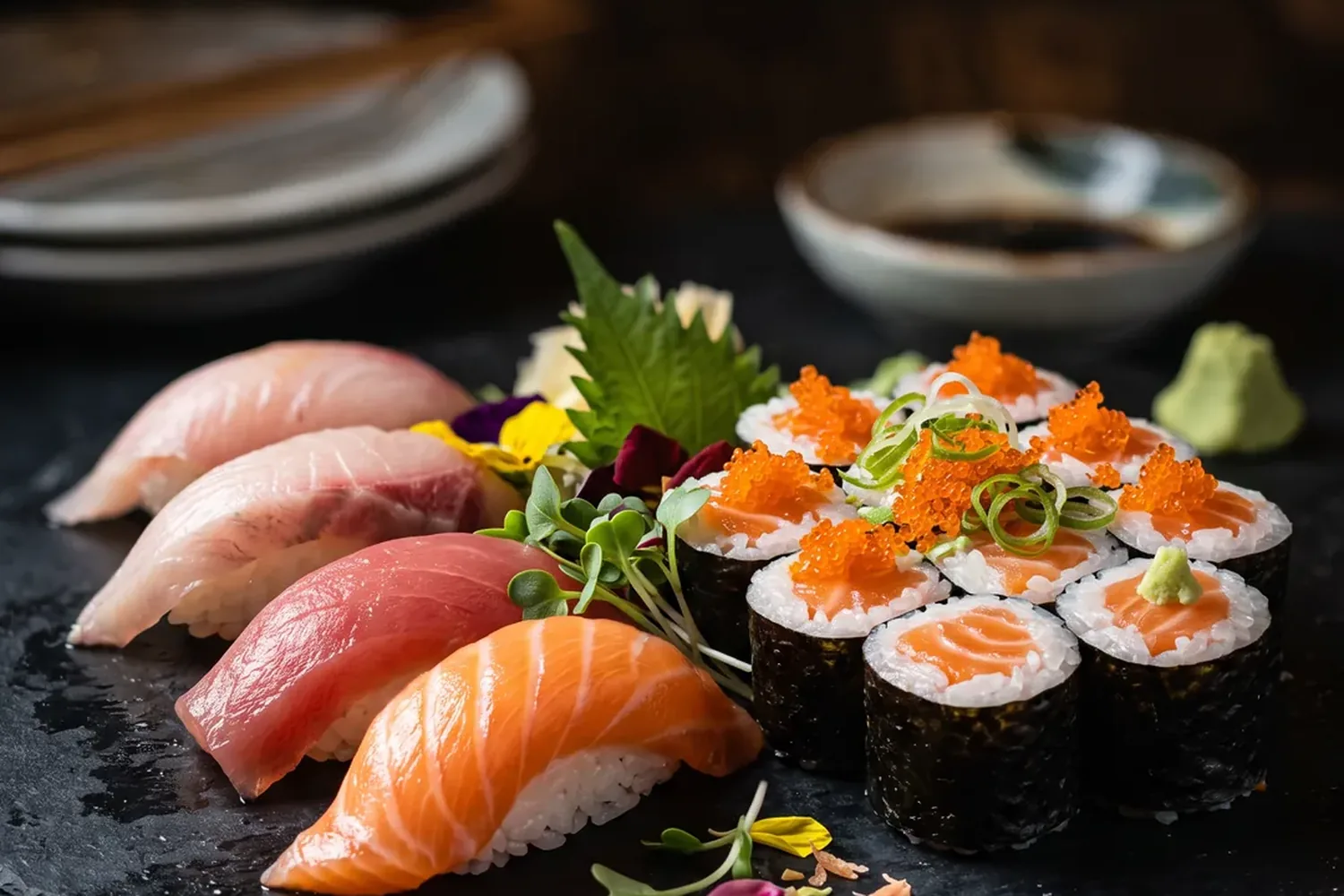 Peças de sushi e sashimi, imagem ilustrativa gerada por inteligência artificial