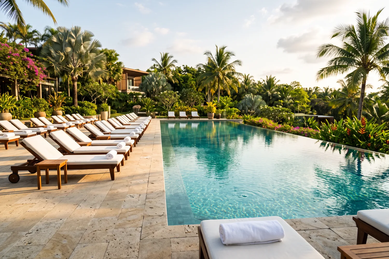 Piscina de hotel com espreguiçadeiras e luz dourada, imagem ilustrativa