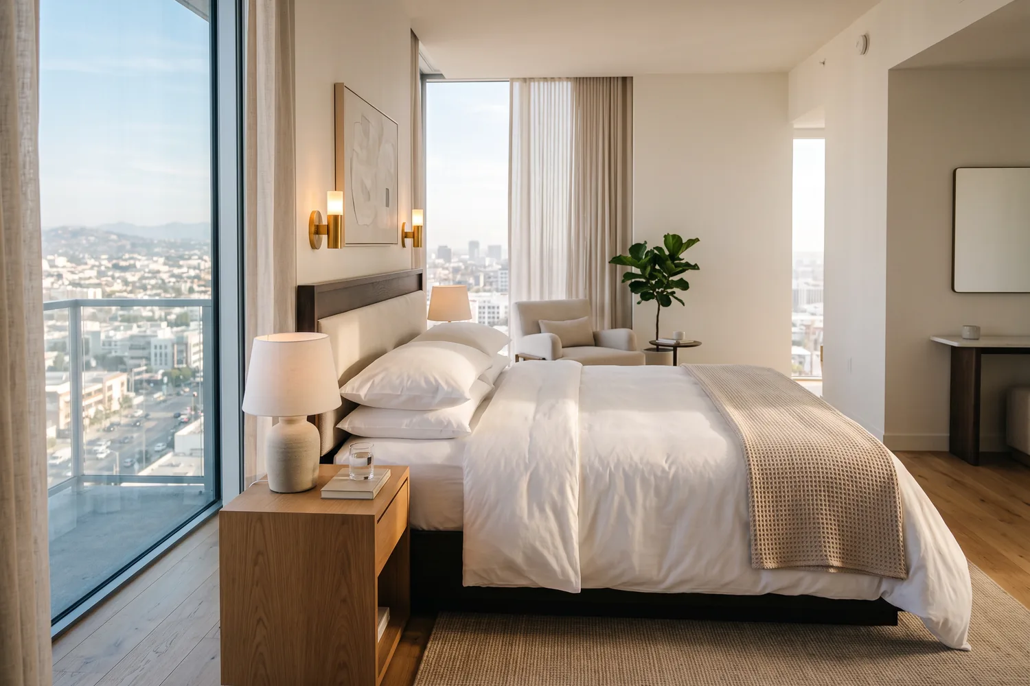 Quarto de hotel com cama king size e luz natural, imagem ilustrativa