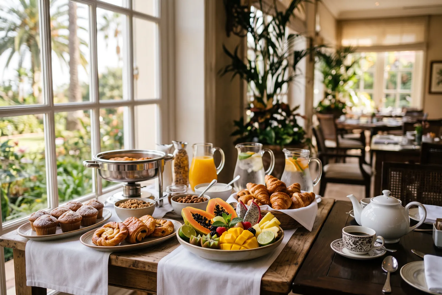 Buffet de café da manhã com frutas e pães, imagem ilustrativa