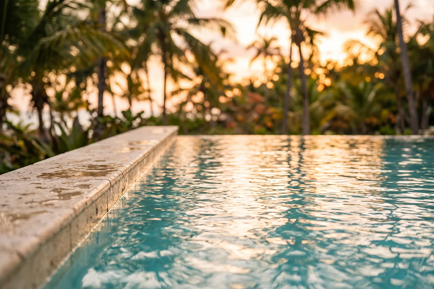 Piscina de hotel com água cristalina e palmeiras, imagem ilustrativa