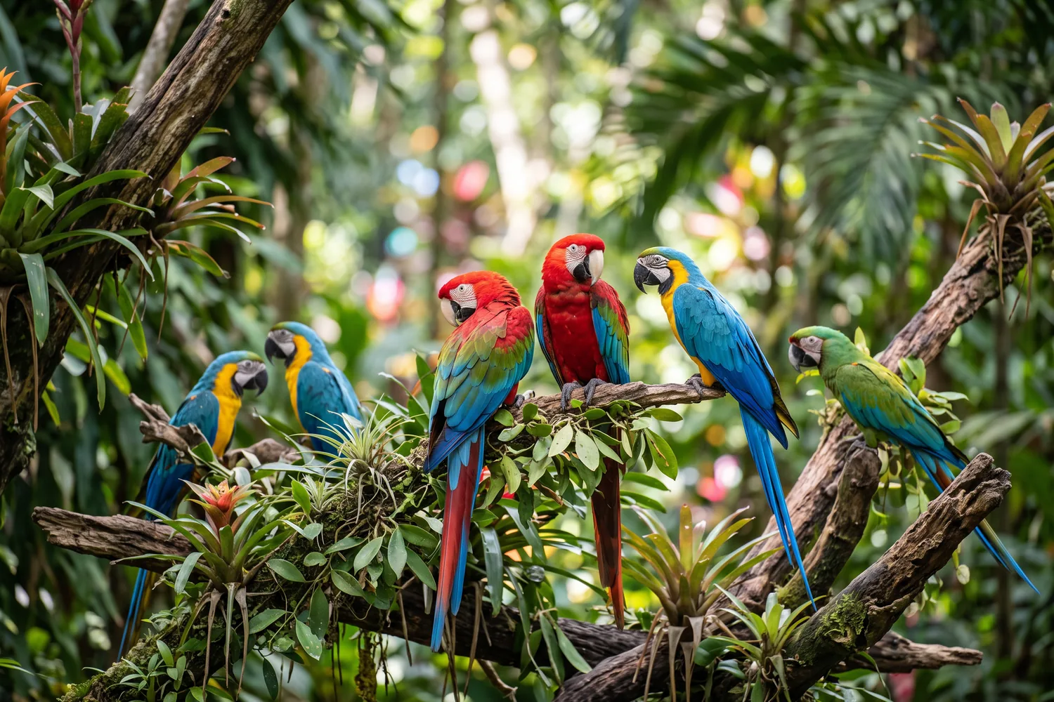 Aves coloridas em vegetação tropical, imagem ilustrativa