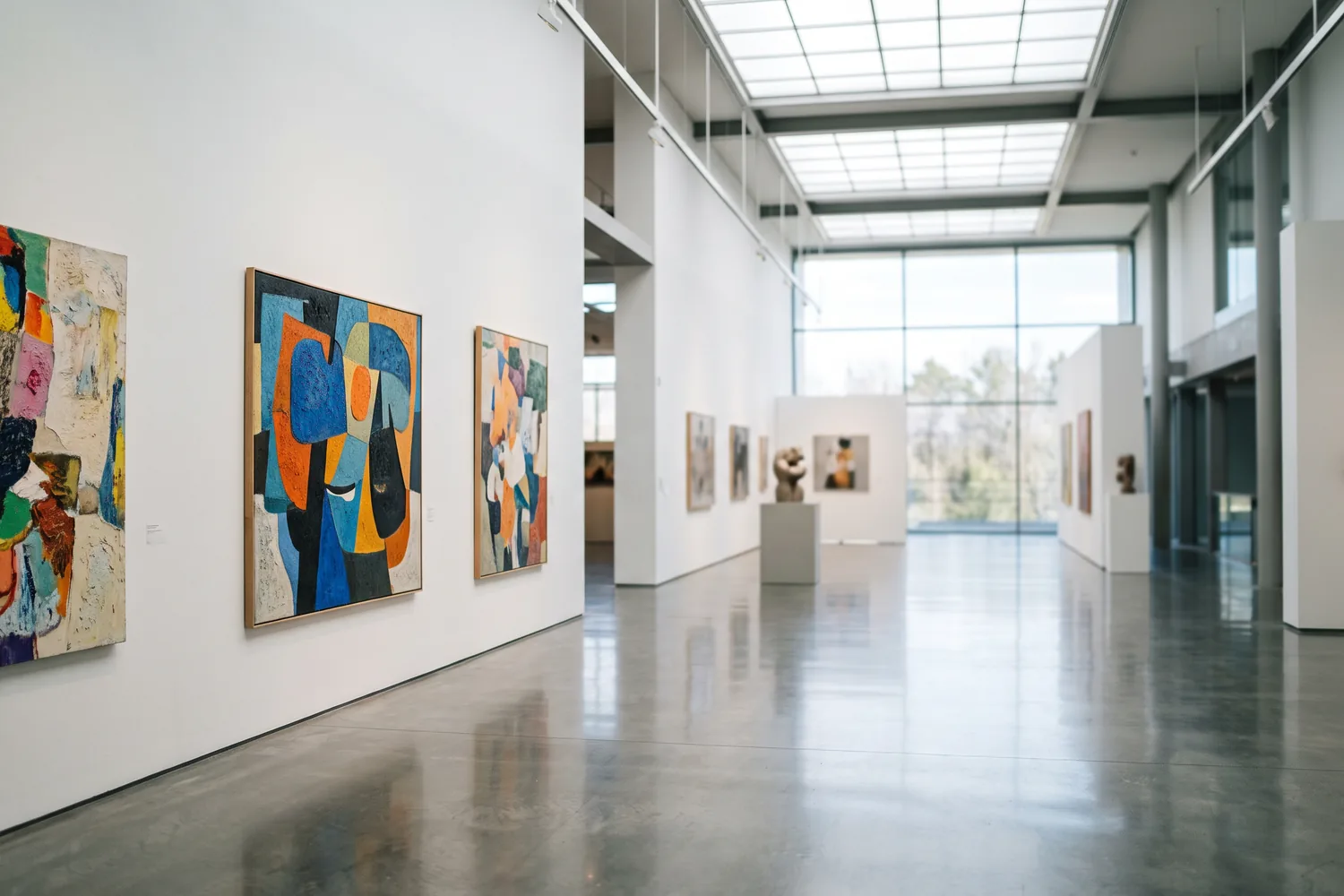 Galeria de arte com pinturas em paredes brancas e luz natural, imagem ilustrativa